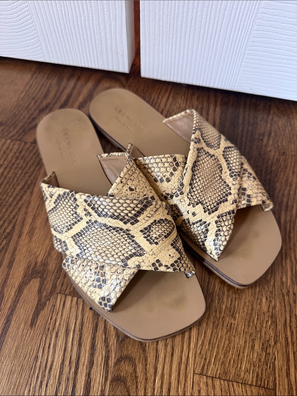 Everlane Snake-Print Crossover Slide Sandals in Tan and Black